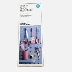 Room Essentials 8-Piece Kitchen Utensil Set & Holder Pink - New in Box